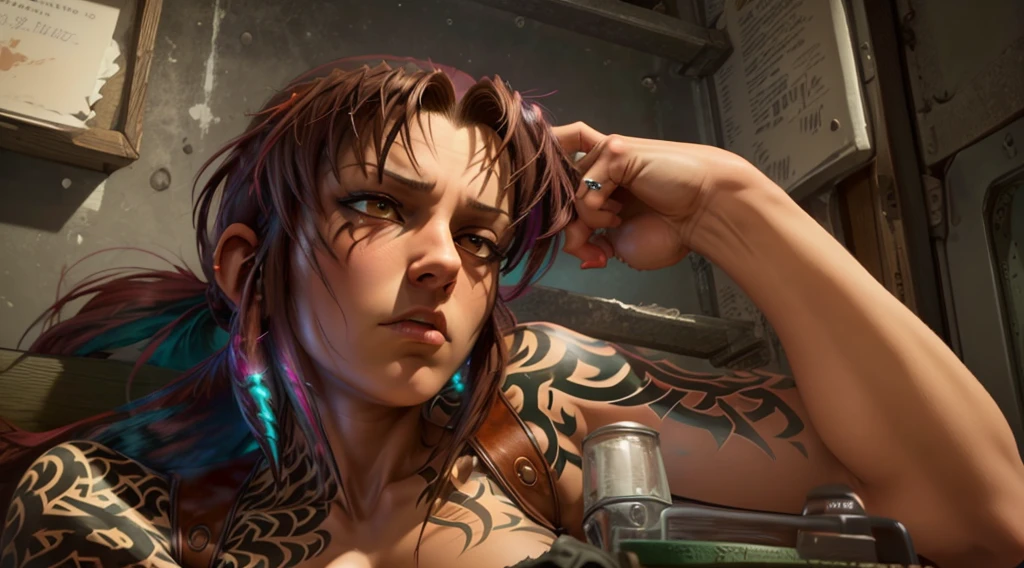 Revy from black lagoon, nude, expression is sensual, neon lights illuminating the area, The artwork is rendered in an edgy and realistic style, with high attention to detail and sharp focus. The colors are vivid and contrasted, with a slight desaturation to create a moody atmosphere. shadowy highlights enhancing the overall composition. The medium used is a digital illustration, with a touch of photo-realistic elements to add depth and texture to the image. The final result is a masterpiece in ultra-high resolution, showcasing the intense and raw nature of Revy's character.