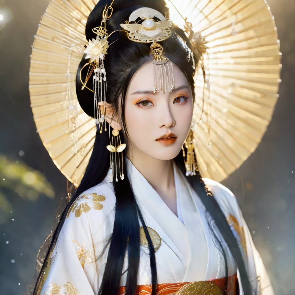 A realistic depiction of a goddess inspired by Shinto mythology, with a serene and divine presence. She is a beautiful woman with long, flowing black hair and a radiant appearance. She wears traditional Japanese garments in white and gold, adorned with intricate patterns and symbols of divinity. Her expression is calm and benevolent, exuding a sense of grace and majesty. She is adorned with elaborate jewelry and a headdress that emphasizes her divine status. The background is ethereal, with soft light and celestial elements, highlighting her otherworldly nature. The scene should have a realistic style, avoiding any anime-like or fantasy elements, focusing solely on traditional Japanese aesthetics.