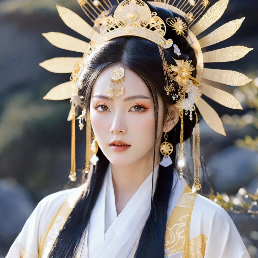A realistic depiction of a goddess inspired by Shinto mythology, with a serene and divine presence. She is a beautiful woman with long, flowing black hair and a radiant appearance. She wears traditional Japanese garments in white and gold, adorned with intricate patterns and symbols of divinity. Her expression is calm and benevolent, exuding a sense of grace and majesty. She is adorned with elaborate jewelry and a headdress that emphasizes her divine status. The background is ethereal, with soft light and celestial elements, highlighting her otherworldly nature. The scene should have a realistic style, avoiding any anime-like or fantasy elements, focusing solely on traditional Japanese aesthetics.