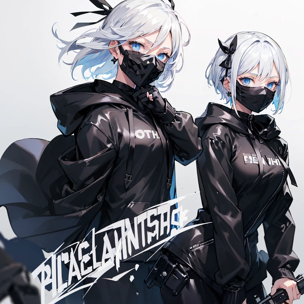 (((((Black Mask gun))))) ((((Black hoodie woman)))) (((blue eyes White Hair Short Hair))) ((Shiny earrings black ribbon Catch the wind)) White background Shining Edge Shining Background
