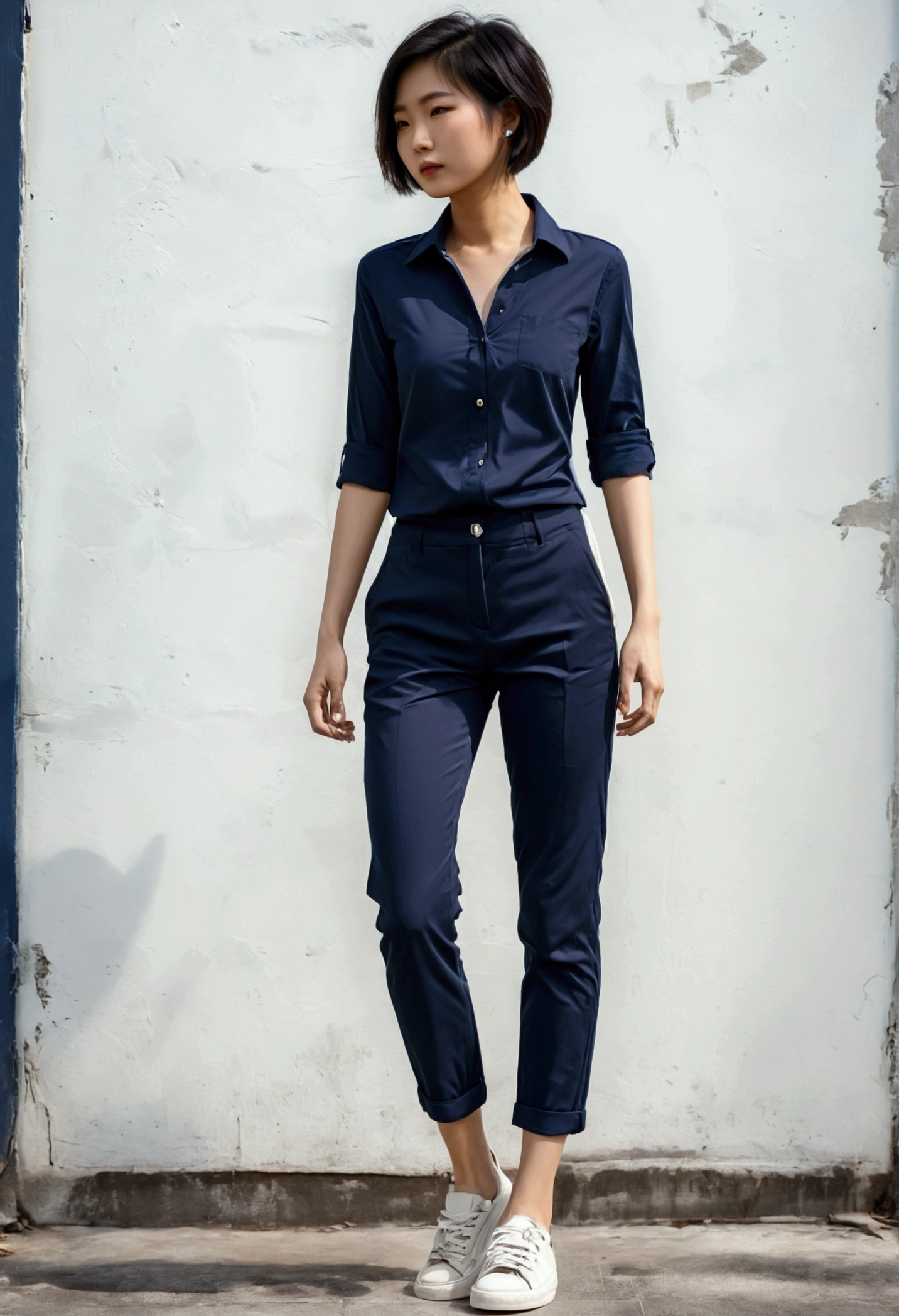 asian woman, short hair, Short sleeve navy blue shirt, Navy blue, long, straight-leg pants., white sneakers, full body image