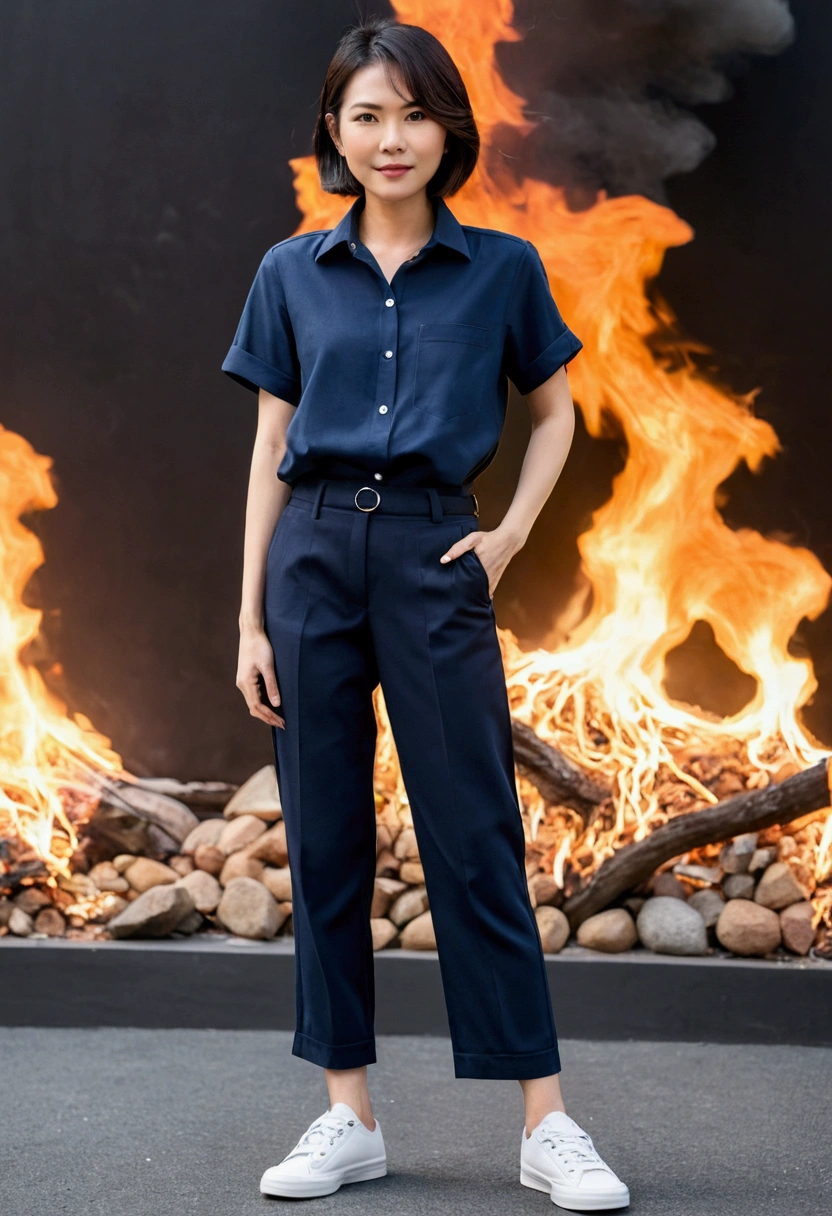 asian woman, short hair, Short sleeve navy blue shirt, Navy blue, long, straight-leg pants., white sneakers, full body image