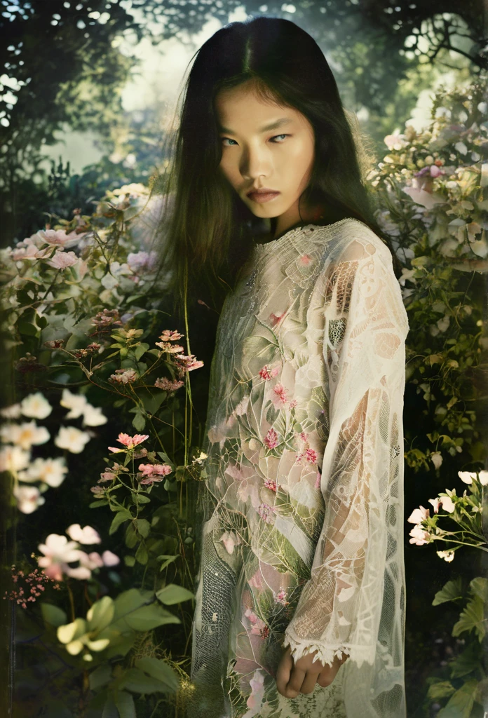 Ethereal Beauty in a Garden, digital art photograph, beautiful asian supermodel's face and body obscured by flowers, lace-trimmed garment, soft lighting, translucent fabrics, ethereal quality, dreamlike atmosphere, subtle colors, natural garden setting, Sally Mann-inspired style.