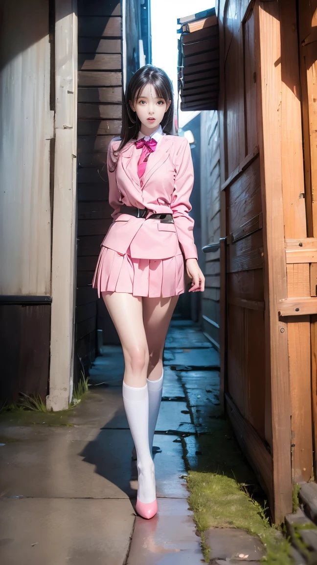 Masterpiece,Best quality,A high resolution, 1girll,From below,(Very thin and straight legs),,(Very long legs,Straight legs),,High heels,long leges,standing on your feet, Long legs as seen from the front, Perfect body,with perfect legs,(exteriors),full bodyesbian,cyber punk perssonage,dynamicposes,1girll,Elaborate Eyes,Brown eyes,eye shadows,putting makeup on,long whitr hair, Detailed face, Detailed eyes, looking at viewert, blusher\(putting makeup on\), full pouty lips, Redlip,(long whitr hair:1.3), (standing on your feet)Mechanically static,Mechanical summoning,(hair adornments:1.1),head gear,((((Pink suit school uniform,Pink school uniform)))),(black lence stockings,Stocking suspenders),City,Luminescent windings,Glowing butterflies,cyberpunk lights:1.1),neonlight,Fully mechanical and futuristic elements,technologies,The background is a traditional Chinese street,china town, the street, Skysky, cyber punk perssonage, paper lanterns, Neon Super Resolution,(Reality:1.3),1(Slim:1.2),dramatic lights,vibrant detail,Luxurious cyberpunk,the complex background,rendering by octane,