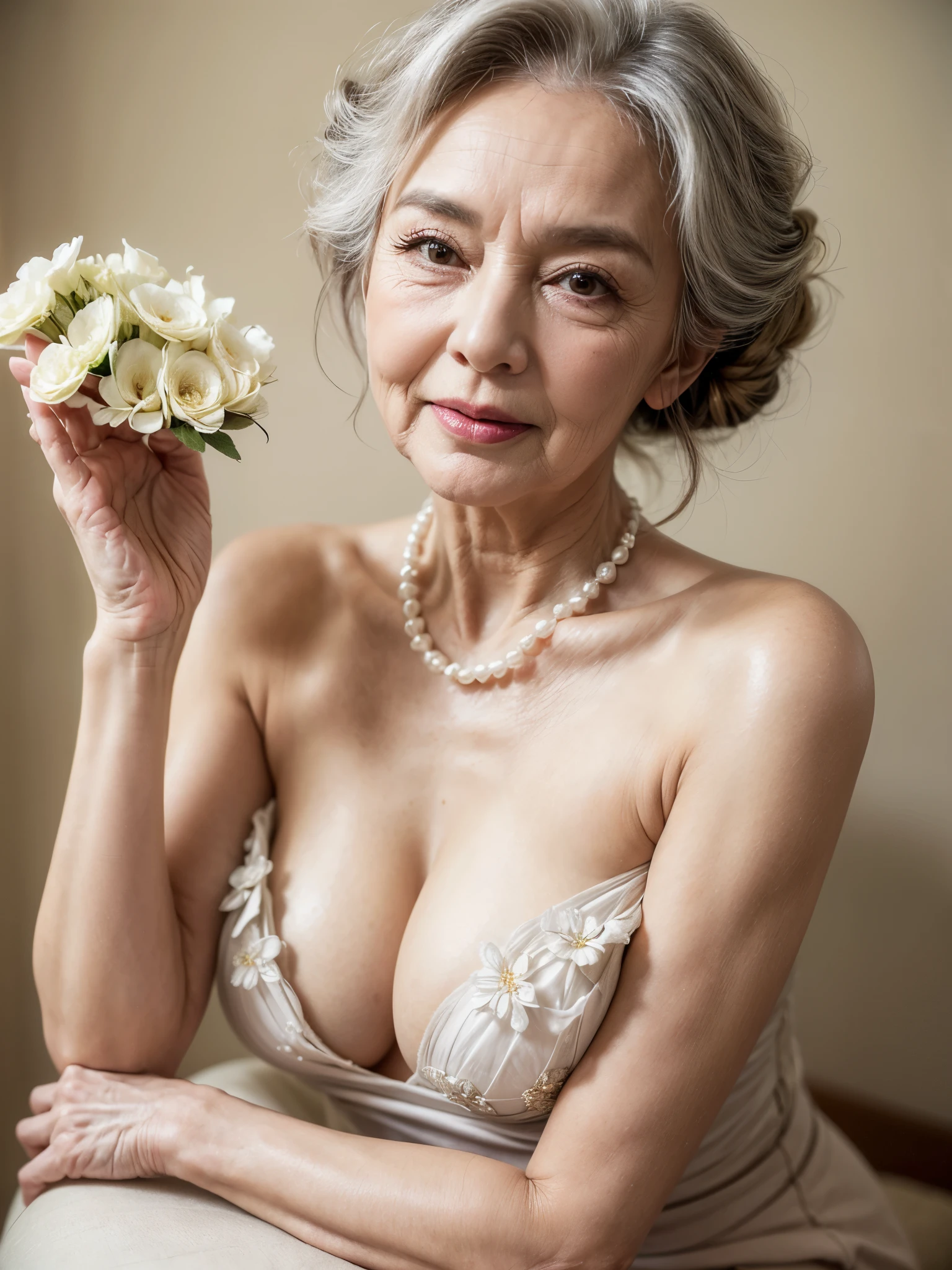 Beautiful elderly woman, cute,y,65 years old,,sexear a pearl necklace, Flowers in her hair, hair bunches, holding a little bunch of white flowers in her hand, posing with flowers, old woman, Ultra big Big saggy soft:1.4, Breasty Hair, big nipples, matules