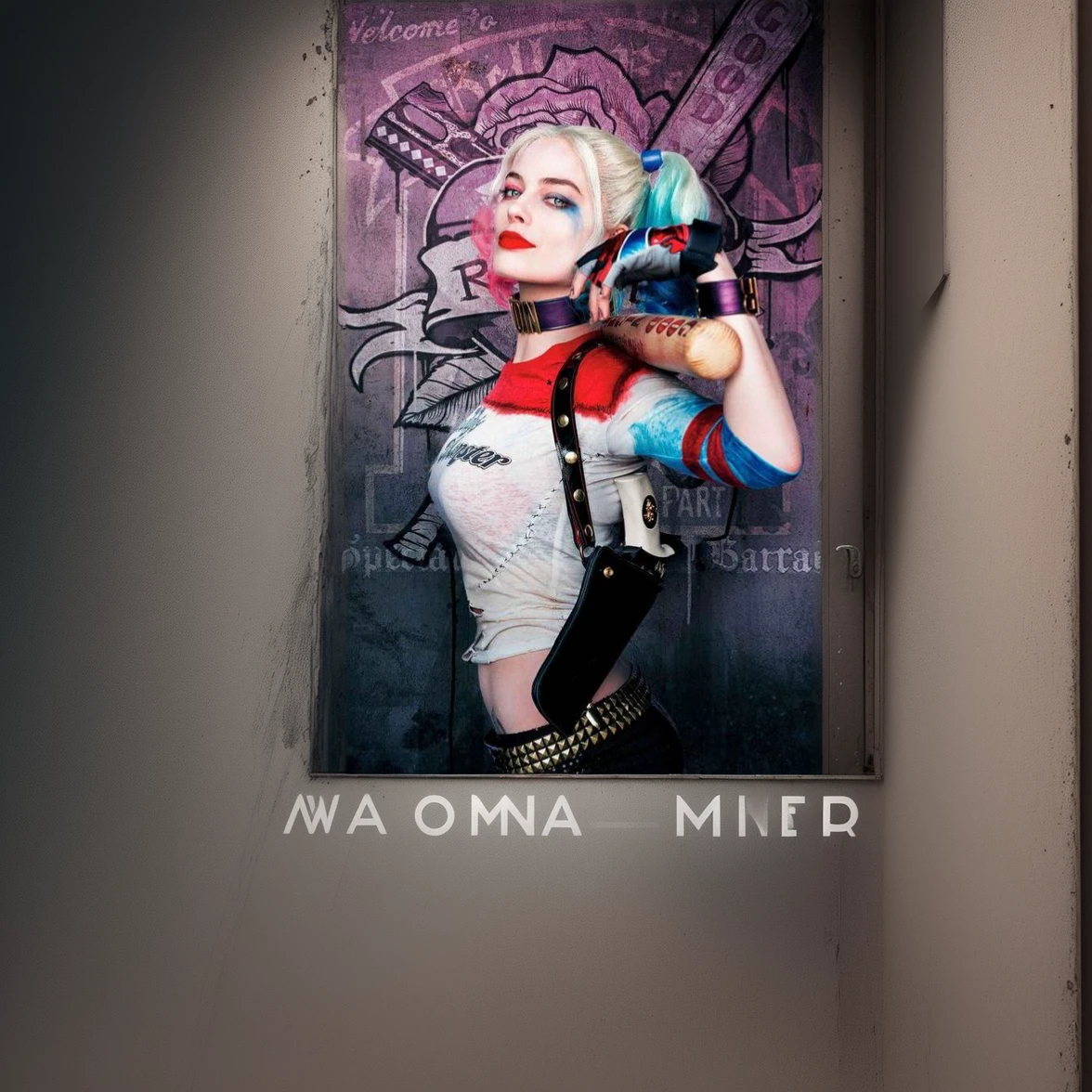 A woman's whole body、Harley Quinn、Margod Robbie、Suicide Squad movie、Metal bat on shoulder、T-Shirts、black leather shorts、