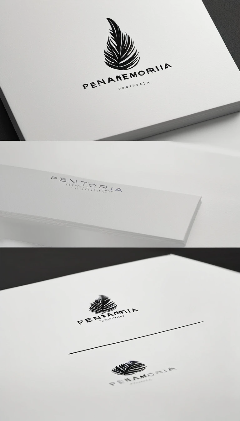 A minimal, modern, simple, cinematic logo design for the brand “Penamemoria". Create a modern, minimalistic, high-quality, masterpiece, fantastic, poetic feather that symbolizes dreams and stories.