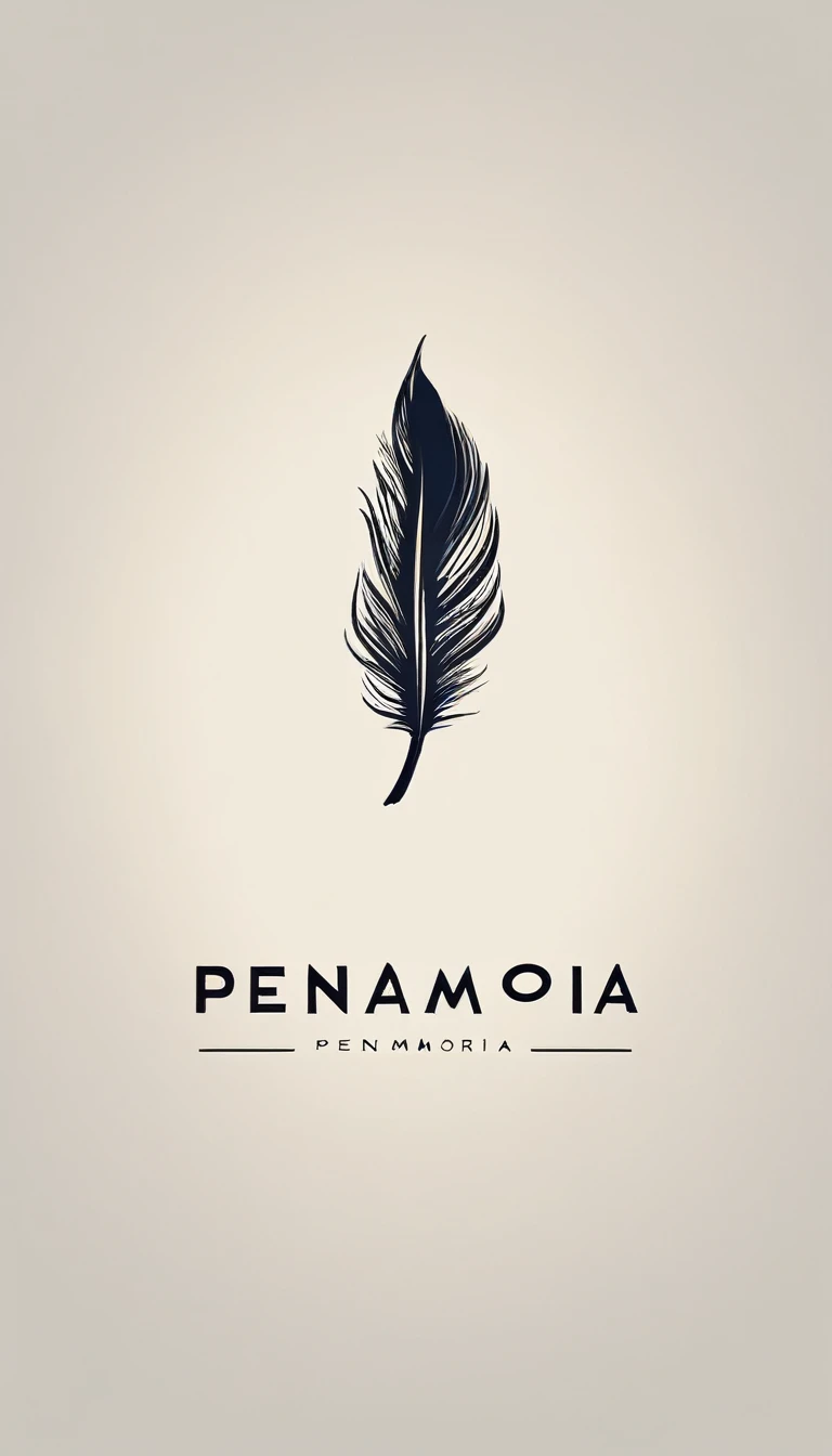 A minimal, modern, simple, cinematic logo design for the brand “Penamemoria". Create a modern, minimalistic, high-quality, logo of a simple, fantastic, hipnotic, dreamy, artistic feather that symbolizes dreams, stories and memories