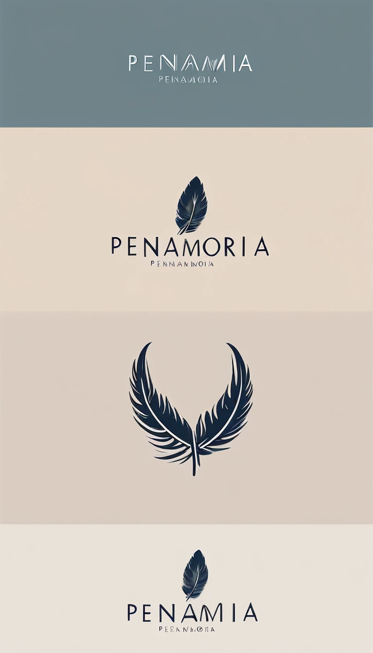 A minimal, modern, simple, cinematic logo design for the brand “Penamemoria". Create a modern, minimalistic, high-quality, logo of a simple, fantastic, hipnotic, dreamy, artistic feather that symbolizes dreams, stories and memories