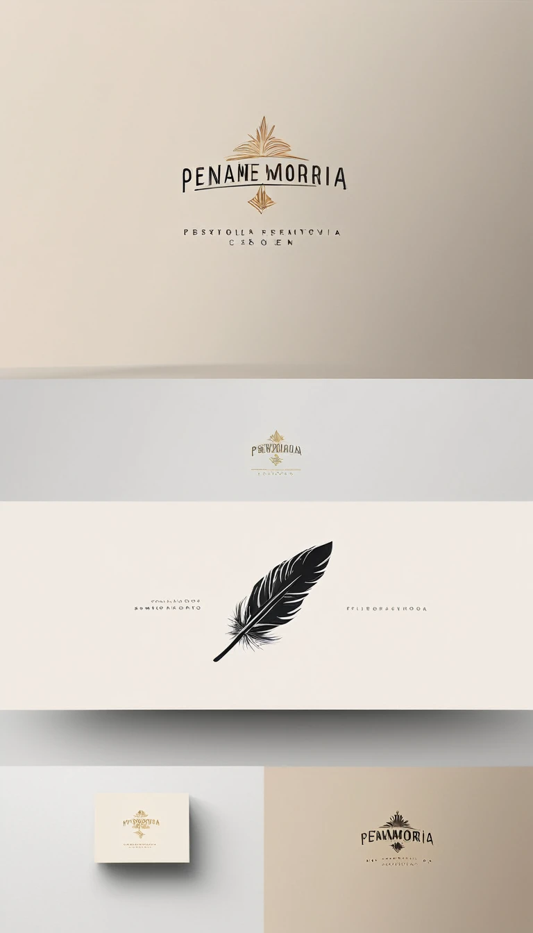 A minimal, modern, simple, cinematic logo design for the brand “Penamemoria". Create a modern, minimalistic, high-quality, logo of a simple, fantastic, hipnotic, dreamy, artistic feather that symbolizes dreams, stories and memories