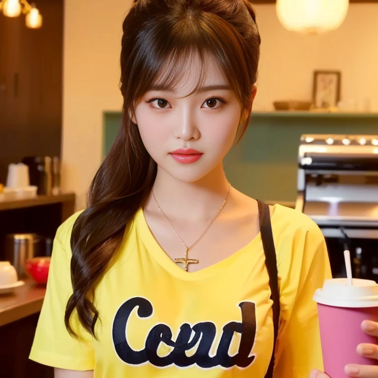 Araffe girl in a yellow shirt holding a coffee cup, Lalisa Manoban, Tzuyu from two times, Korean girl, beautiful south korean women, หญิงKorean girlที่งดงาม, cute korean stars, cute vtuber house, หญิงKorean girlที่สวยงาม, Trending at cgstation, Headshot profile picture, Thai girl anime, Yellow wavy hair theme Haraf woman looking at camera, Southeast Asian women with round faces, looking at viewer, Has very long black hair., My hair is very long.,Big eyes,Double eyelids, black eyes, Chest circumference measures 38 inches., The chest is round and shiny., abdominal muscles, perfect body, Wear a dark round neck t-shirt., Bright colors, expensive silk, outdoor, Warm light, The morning sun shines beautifully., (digital painting, HDR, high contrast), straight face, face focus), (Highest quality:1.4 3 D 8K, 45,000,000,000,pixels,),(Masterpiece:1.3),(sharp focus:1.2),glowing face, (Red cheeks:1.4), ยืนเดินoutdoor, The evening sun shines beautifully and realistically.,