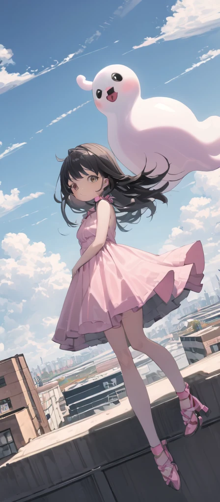 (masterpiece, best quality),from above , 1 little ghost girl, solo, ,billboard, brown eyes, black hair, building, city, cloudy sky, pink sleeveless short dress,pink bow on her dress,pink sandal, floating in the air,standing ontop of her dead body \(machine\), dutch angle, from front, light frown, looking at viewer, outdoors,