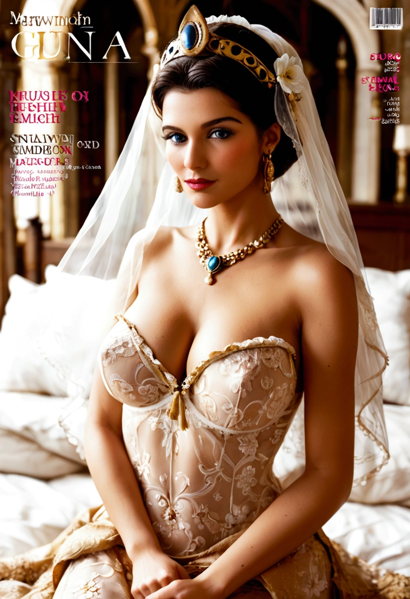 ( Magazine cover:1.2),1 Beautiful Woman，Desert Princess，Aladdin，Dark skin（（（The eyes are very delicate）））（（（Hair accessories）））（（（veil：24））））（（（veil））），necklace，Wearing a gorgeous silk dress， ((Royal Palace))（（（masterpiece）））， （（best quality））， （（In gorgeous bed））， （（Surreal））（8K），pubic hair