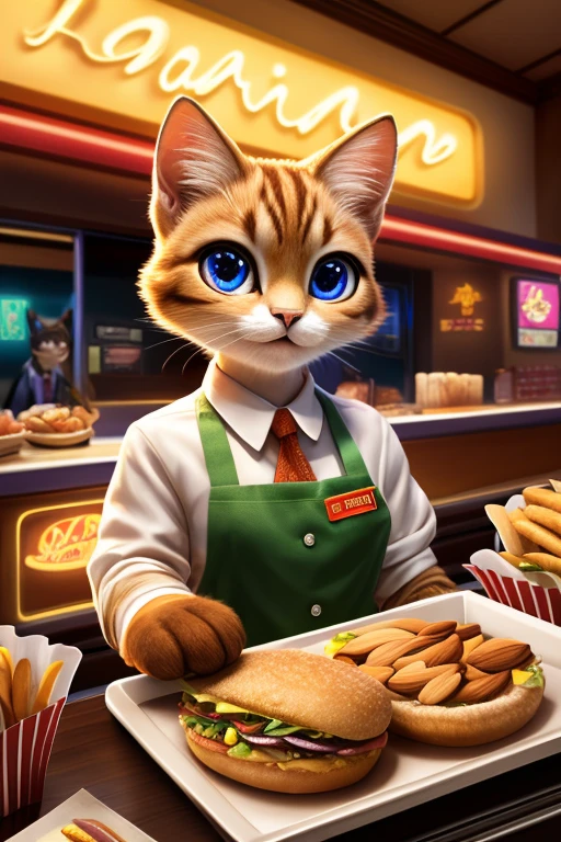 (Highest quality、masterpiece、8K))、Anatomically correct、Very detailed、High resolution、Realistic、((Beautiful, bright, almond-shaped, detailed eyes))、Intricate details、Cinematic lighting、((Dynamic composition))、Party、cute cat、Fast food restaurant clerk、Fast food counter、Red Cap Cap