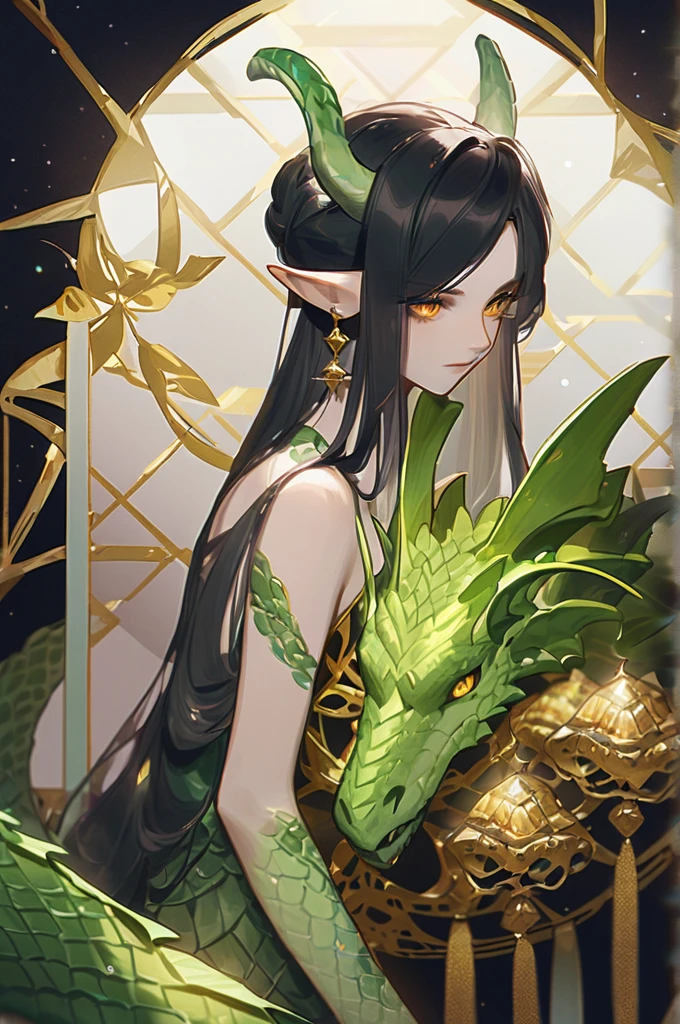 ((Лучшее качество)), ((шедевр)), (подробный), girl, dragon, green scales, tall, with horns, black hair, golden eyes, .