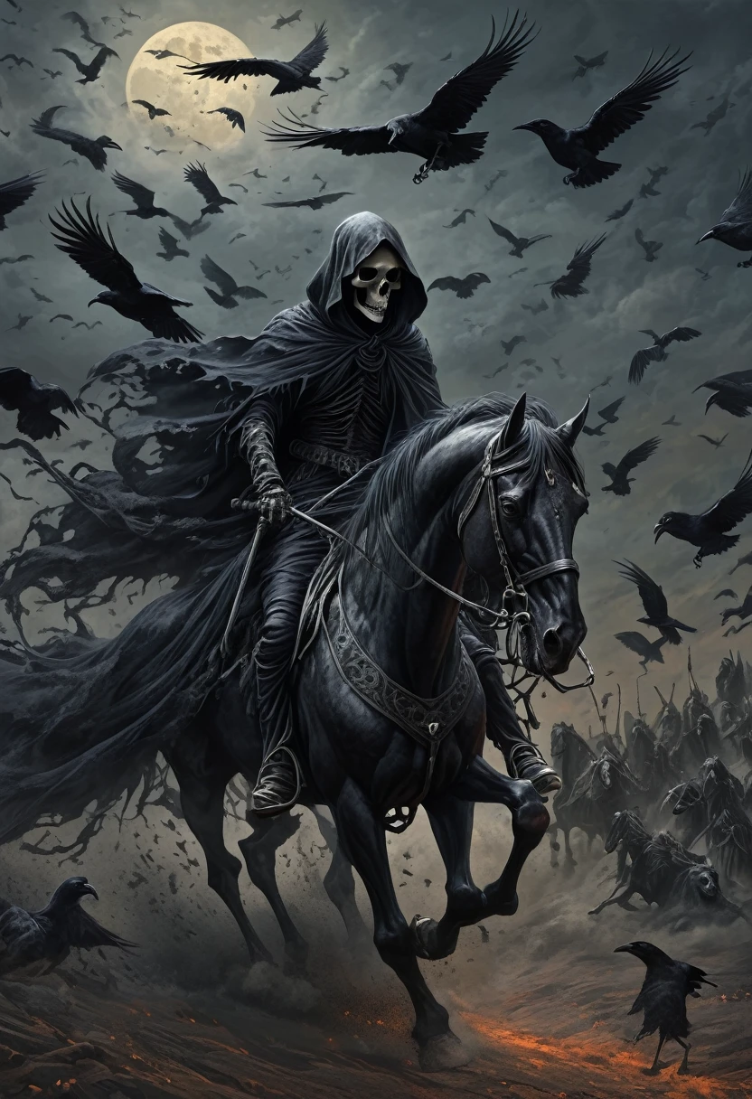 a skeletal grim reaper, riding a black horse, flock of crows following, highly detailed, dark fantasy, intricate gothic elements, moody atmosphere, dramatic lighting, muted color palette, cinematic composition, masterpiece, photorealistic, hyper detailed, chiaroscuro lighting, dramatic shadows, dark and moody, ominous, foreboding, eerie, haunting