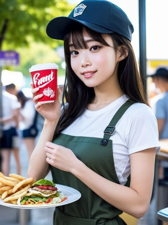 (Ultra-high resolution), (masterpiece), (Attention to detail), (high quality), (最high quality), ((Upper Body Shot)) , One Girl, Generate an image of a female employee working at an outdoor fast food stand。she、Green T-shirt, Khaki Apron, hat, Wearing a name tag、Hot dogs and fries are served。In the background、wood々, Picnic table, There are colorful signs。