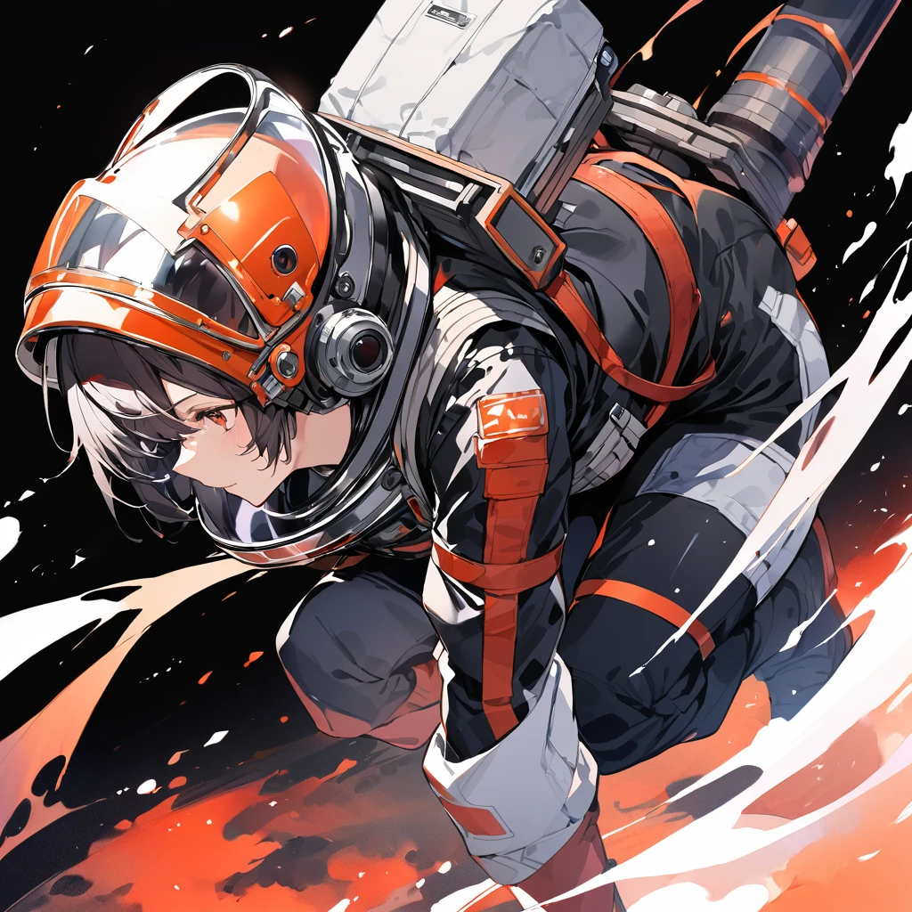 Bande dessinée. Full-length photograph. Plain black background. Watercolor profile of crouching heroine in red and black space suit.