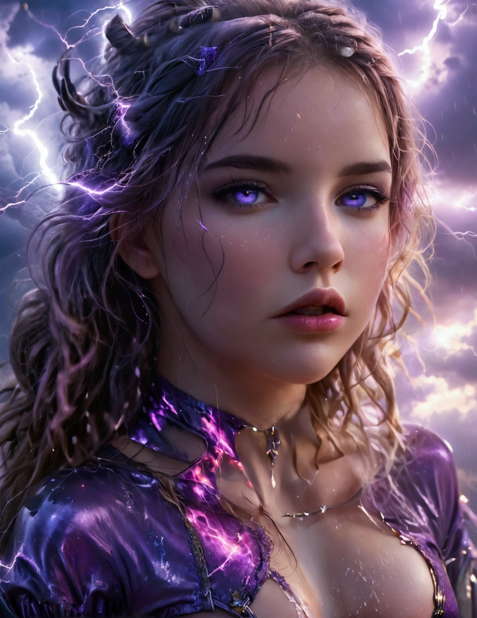 a cute woman, 25 years old, violet eyes, violet metallic sleeves, violet metallic thigh high boots, lightning goddess, floating in storm clouds, held in air by arcs of lightning, best quality, 8k, highres, masterpiece, ultra-detailed, realistic, photorealistic, photo-realistic, HDR, UHD, studio lighting, ultra-fine painting, sharp focus, physically-based rendering, extreme detail description, professional, vivid colors, bokeh, fantasy, cinematic lighting, dramatic, glowing, ethereal, moody, mystical (show all of her, Priority: show her entire body show her entire body)
