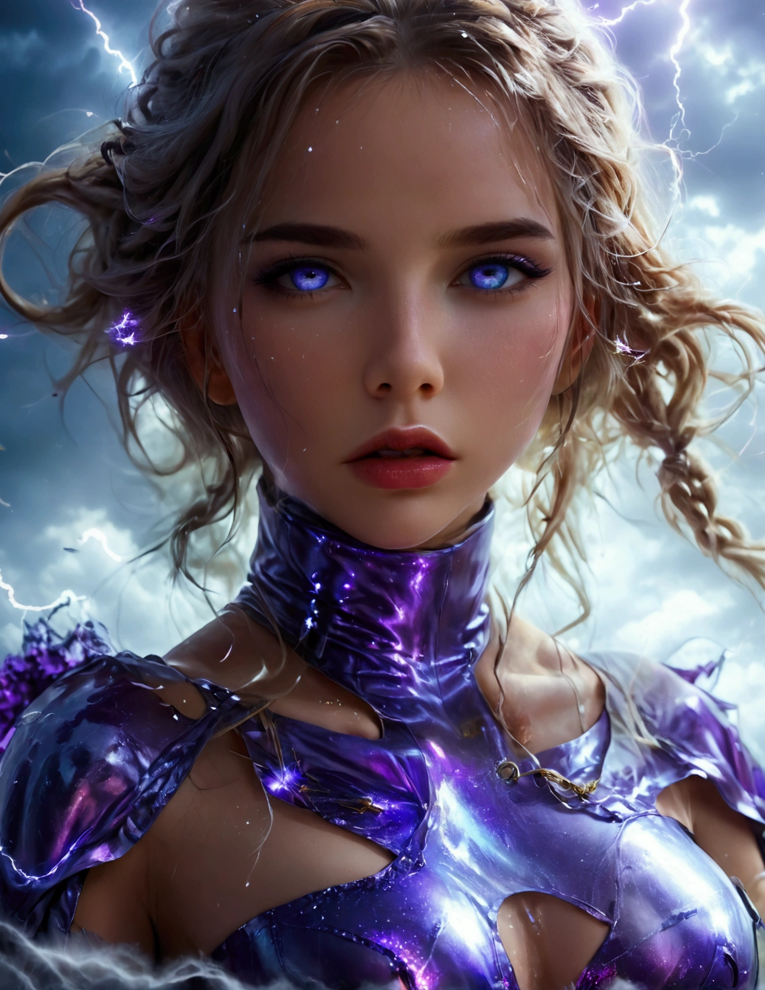 a cute woman, 25 years old, violet eyes, violet metallic sleeves, violet metallic thigh high boots, lightning goddess, floating in storm clouds, held in air by arcs of lightning, best quality, 8k, highres, masterpiece, ultra-detailed, realistic, photorealistic, photo-realistic, HDR, UHD, studio lighting, ultra-fine painting, sharp focus, physically-based rendering, extreme detail description, professional, vivid colors, bokeh, fantasy, cinematic lighting, dramatic, glowing, ethereal, moody, mystical (show all of her, Priority: show her entire body show her entire body)
