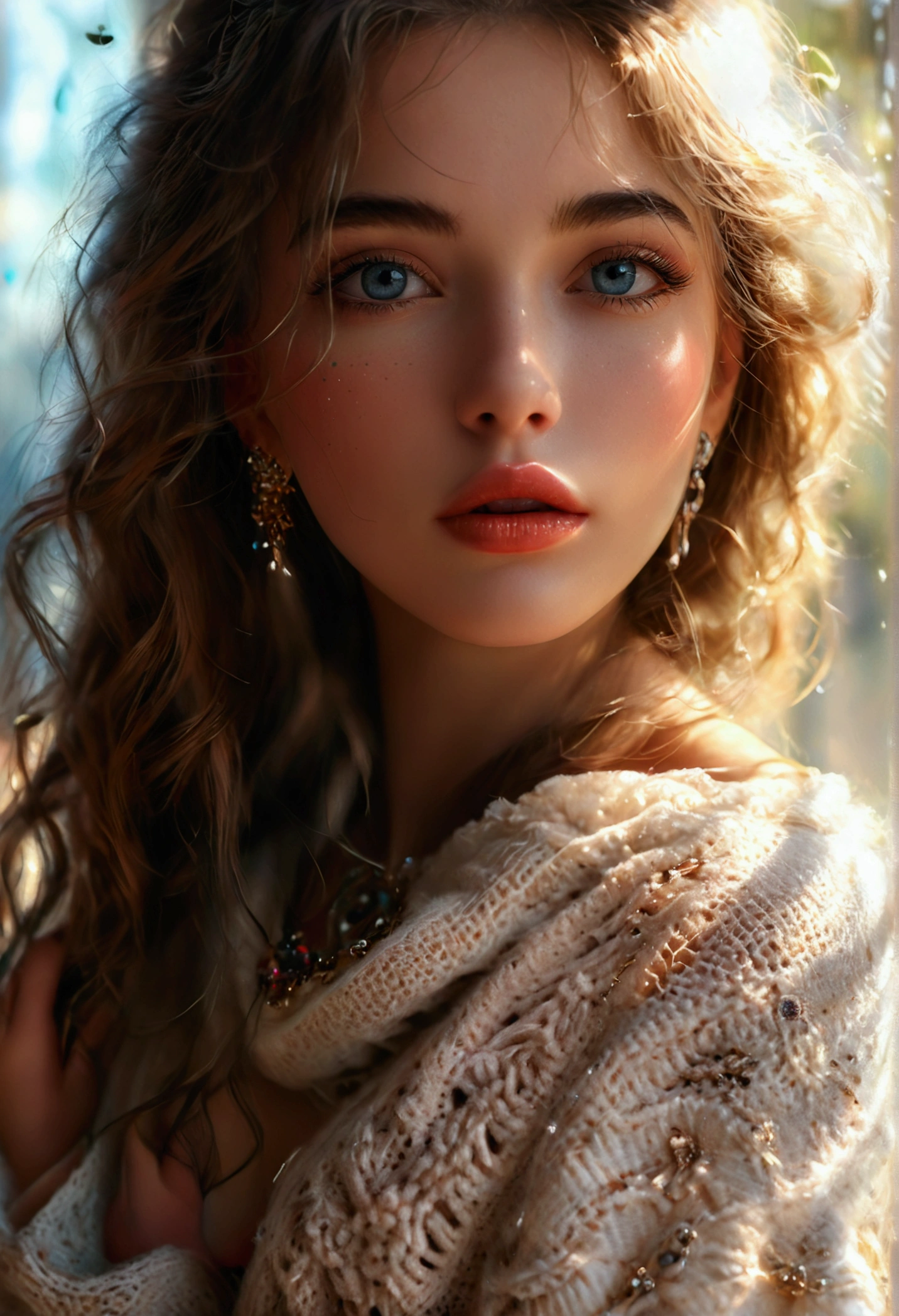 1girl, off-shoulder sweater, beautiful detailed eyes, beautiful detailed lips, extremely detailed face, longeyelashes, soft glowing skin, intricate jewelry, (best quality,4k,8k,highres,masterpiece:1.2),ultra-detailed,(realistic,photorealistic,photo-realistic:1.37),portrait,vibrant colors,warm lighting,natural setting,cinematic composition