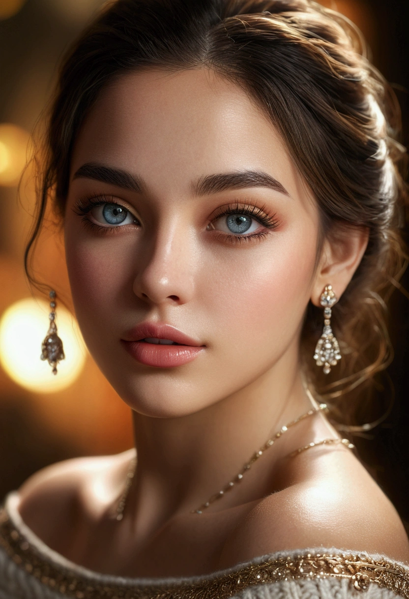1girl, off-shoulder sweater, beautiful detailed eyes, beautiful detailed lips, extremely detailed face, longeyelashes, soft glowing skin, intricate jewelry, (best quality,4k,8k,highres,masterpiece:1.2),ultra-detailed,(realistic,photorealistic,photo-realistic:1.37),portrait,vibrant colors,warm lighting,natural setting,cinematic composition