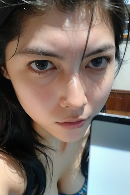 Facing viewer:1, face focus:1, looking straight to viewer, ((symmetrical photo, dark hair, facing viewer, perfect ratio, long hair:1)) , face focus, RAW photo, portrait, professional, woman, 18 year old, lora:more_details:0.7> looking at viwer, topless, big tits