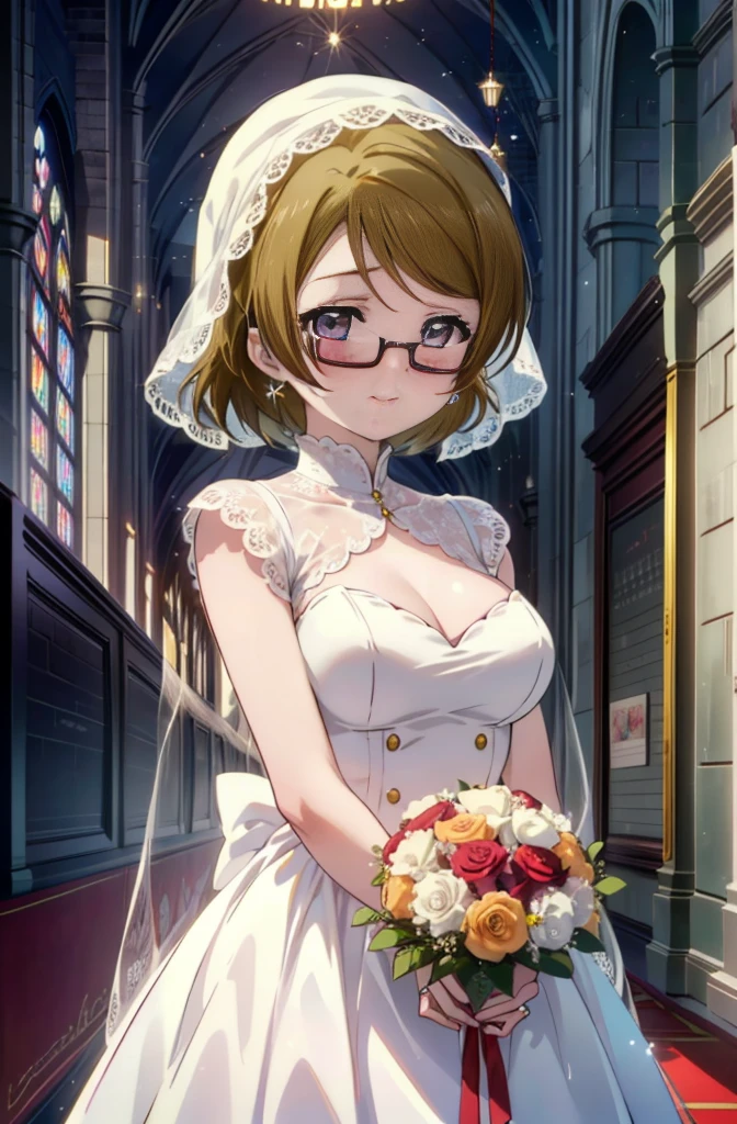 hanayo koizumi, hanayo　Koizumi, short hair, Brown Hair, Purple eyes,Big Breasts,Black-rimmed glasses,happy smile, smile, Close your mouth,Wedding dress,Veil,bouquet,Flower storm,　　　　　　　　　　　　　　　　　　break looking at viewer, whole body,(Cowboy Shot:1. 5) 　　　　　　　　　　　　　　　　　　　break indoors, Chapel,church, 　　　　　　　　　　　break (masterpiece:1.2), Highest quality, High resolution, unity 8k wallpaper, (shape:0.8), (Beautiful attention to detail:1.6), Highly detailed face, Perfect lighting, Highly detailed CG, (Perfect hands, Perfect Anatomy),