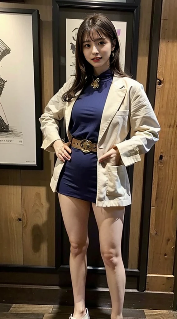 (8K、Raw photo、highest quality、masterpiece:1.2)、(realistic、Photoreal)、1 girl、((one piece、I can see your feet、belt、big breasts、Seen from the front、stand with legs apart、)、lots of eyelashes、Glitter on your eyelids、skeletally correct、sweaty body、Beautifully aligned fingertips、smile、standing with hands on hips、above the sky、watch