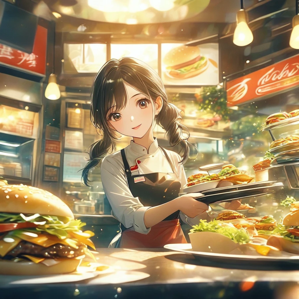 Beautiful close-up, Lovely, Hardworking and lively fast food restaurant clerk.Beautiful and textured foreground and background，detailed, bright, Animation style HD high quality presentation,（（（Romantic atmosphere）））（（（fairy tale elements）））（（（masterpiece）））， （（best quality））