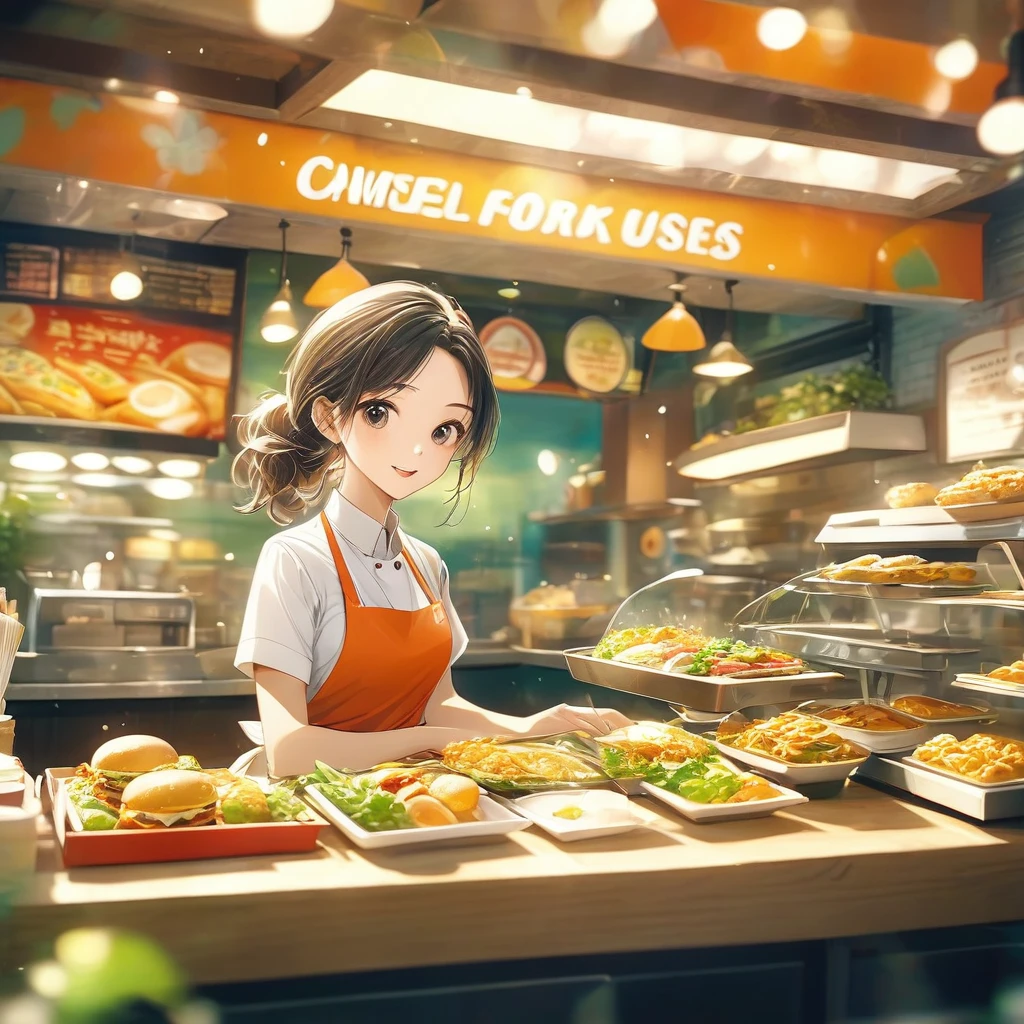Beautiful close-up, Lovely, Hardworking and lively fast food restaurant clerk.Beautiful and textured foreground and background，detailed, bright, Animation style HD high quality presentation,（（（Romantic atmosphere）））（（（fairy tale elements）））（（（masterpiece）））， （（best quality））