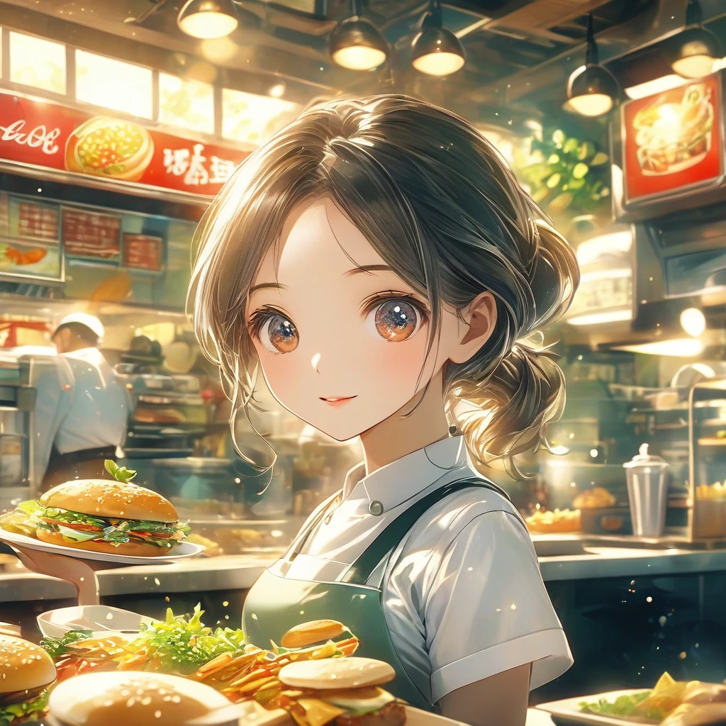 Beautiful close-up, Lovely, Hardworking and lively fast food restaurant clerk.Beautiful and textured foreground and background，detailed, bright, Animation style HD high quality presentation,（（（Romantic atmosphere）））（（（fairy tale elements）））（（（masterpiece）））， （（best quality））
