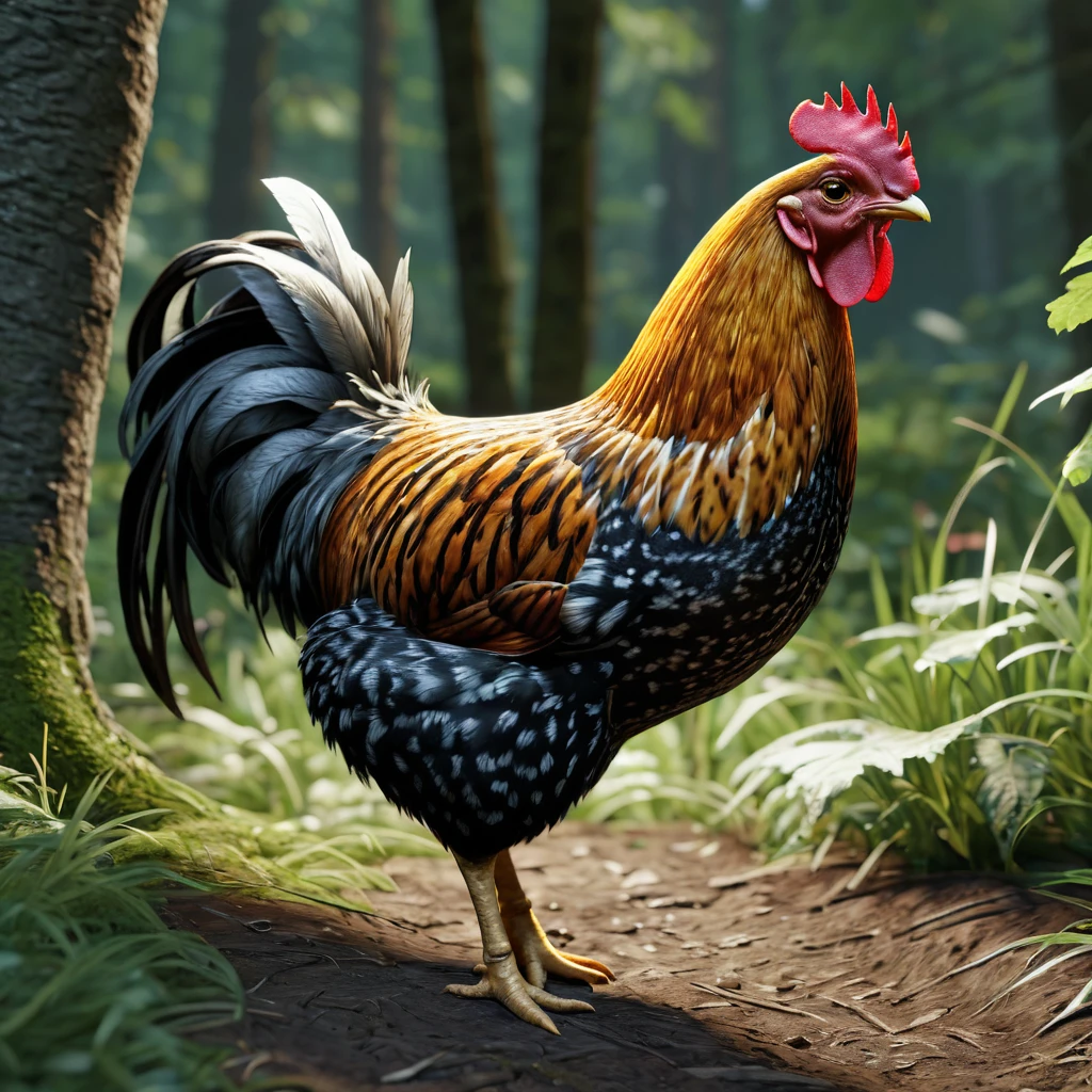 Forest chicken(best quality,4K,8K,High level,masterpiece:1.2),Ultra Detailed,(lifelike,Photo real,Photo real:1.37),Highly detailed animals