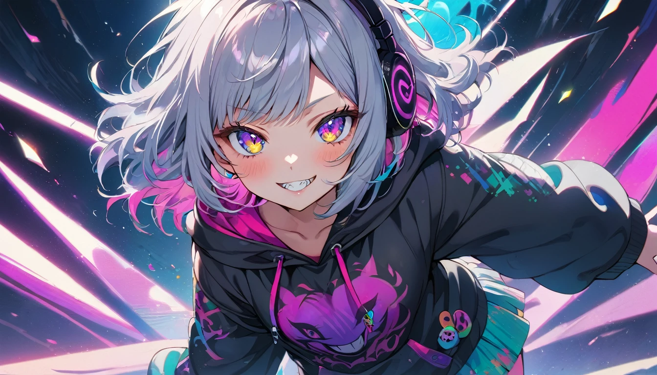 ((Masterpiece)), ((best quality)), (Anime:1.3), (super detail:1.2), (High Definition:1.3), (Professional Photography:1.3), ((12 years old)), cute young Girl, Glossy unruly hair, (loose swept bangs), (silver ash hair), medium hair, big eyes, (Eye bags:1.3), (Long eyelashes), colorful eyes, (evil smile and blush), Glossy lips, (jagged teeth), farewell, ((hoodie with oversized)), barearms, cute, (Gazing Skyward), (colorful:1.3), gothic makeup, (wearing headphone),wild spirit, neon pastel colors, hoodie, mini skirt, strong wind, scars, stickers, nymph, cool, beautiful, dancer, pretty, Celtic, maniac, facing the camera