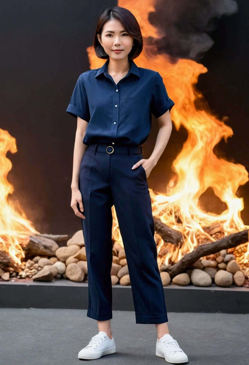 asian woman, short hair, Short sleeve navy blue shirt, Navy blue, long, straight-leg pants., white sneakers, full body image, no background
