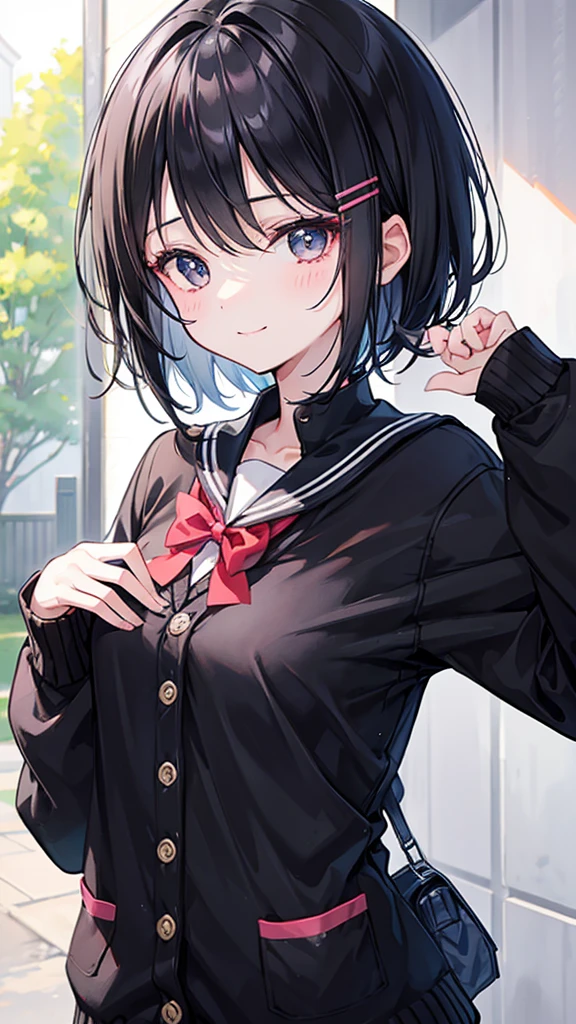 Short black hair and dark eyes、primary school student, girl、Small Breasts、Smile、、knitted cardigan、There are bright spots around the eyes、cute hairpin、I can see the whole body、School