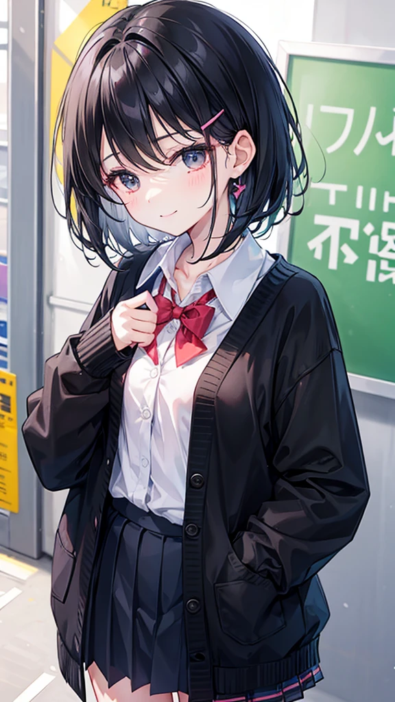 Short black hair and dark eyes、primary school student， girl、Small Breasts、Smile、、knitted cardigan、There are bright spots around the eyes、cute hairpin、I can see the whole body、School