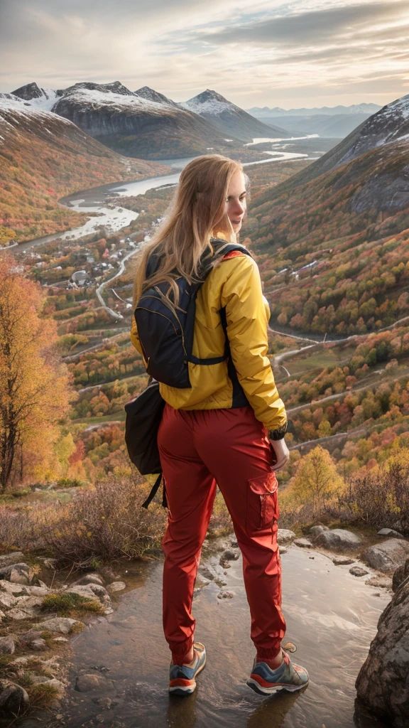 Naturescape photography; mountain climbing; Full body view; (1woman:0.5, solo), (slender body), (Small breasts) , (soaking wet red wind jacket ,tight cargo satin Pants, terrain running shoes, big rucksack), standing on a mountain peak, Rough track, boulders , (long yellow hair), (nordic girl, 15-year-old, ultra delicate face, ultra Beautiful face, ultra delicate eyes, ultra detailed nose, ultra detailed mouth, ultra detailed facial features, natural skin, blemishes, blue eyes), (breasts are small: 0.5) (face is shiny:0.8), (natural skin:1  m, (Spectacular autumn rain, mountain views, with rugged Norwegian mountain ranges in the distance ), (Highest Quality, hyper-realistic:1.3, Super dense, very detailed illustration, Best image quality, very detailed illustration) natural skin, blemishes, detail skin texture, full body pose, natural skin poors, (((shot straight from the behind ))) she is uncomfortable and cold, afraid, sexy Ass, candid Ass,