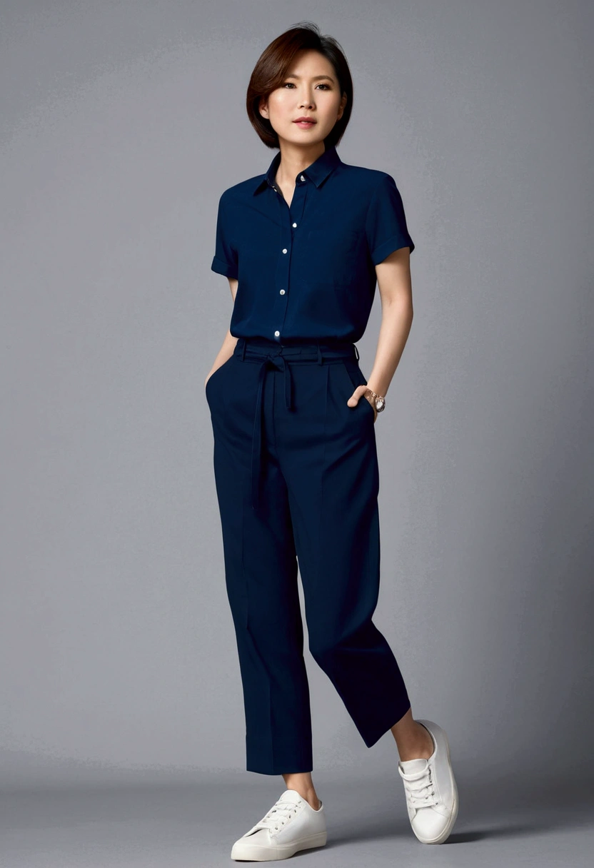 asian woman, short hair, Short sleeve navy blue shirt, Navy blue, long, straight-leg pants., white sneakers, full body image, Not wearing a belt