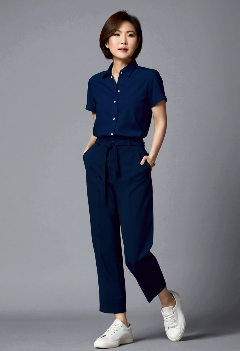 asian woman, short hair, Short sleeve navy blue shirt, Navy blue, long, straight-leg pants., white sneakers, full body image, Not wearing a belt