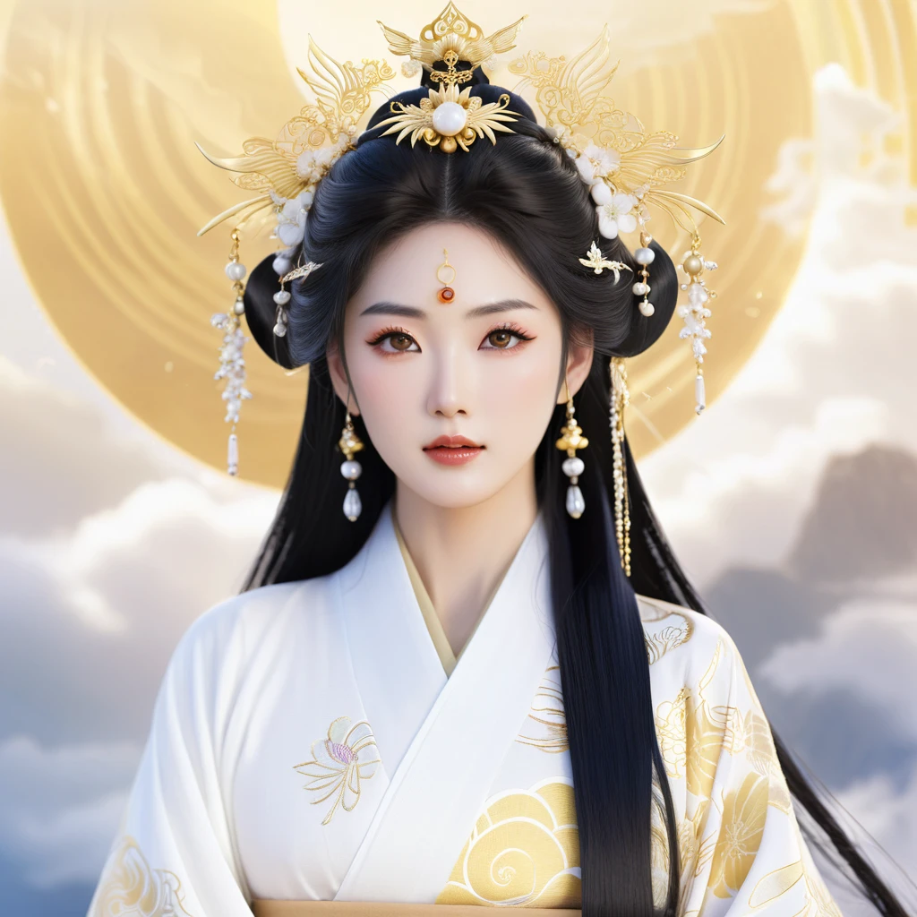 A realistic depiction of a goddess inspired by Shinto mythology, with a serene and divine presence. She is a beautiful woman with long, flowing black hair and a radiant appearance. She wears traditional Japanese garments in white and gold, adorned with intricate patterns and symbols of divinity. Her expression is calm and benevolent, exuding a sense of grace and majesty. She is adorned with elaborate jewelry and a headdress that emphasizes her divine status. The background is ethereal, with soft light and celestial elements, highlighting her otherworldly nature. The scene should have a realistic style, avoiding any anime-like or fantasy elements, focusing solely on traditional Japanese aesthetics.