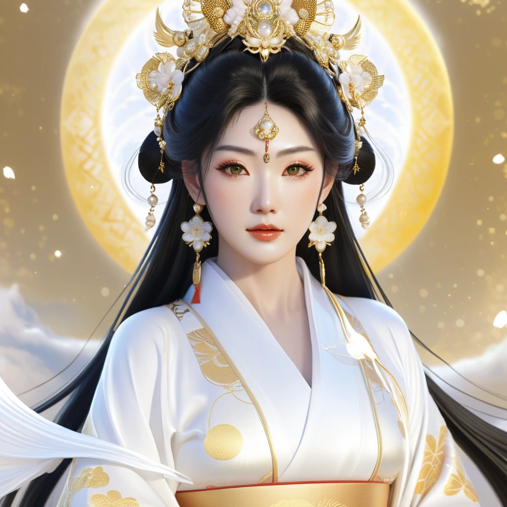 A realistic depiction of a goddess inspired by Shinto mythology, with a serene and divine presence. She is a beautiful woman with long, flowing black hair and a radiant appearance. She wears traditional Japanese garments in white and gold, adorned with intricate patterns and symbols of divinity. Her expression is calm and benevolent, exuding a sense of grace and majesty. She is adorned with elaborate jewelry and a headdress that emphasizes her divine status. The background is ethereal, with soft light and celestial elements, highlighting her otherworldly nature. The scene should have a realistic style, avoiding any anime-like or fantasy elements, focusing solely on traditional Japanese aesthetics.