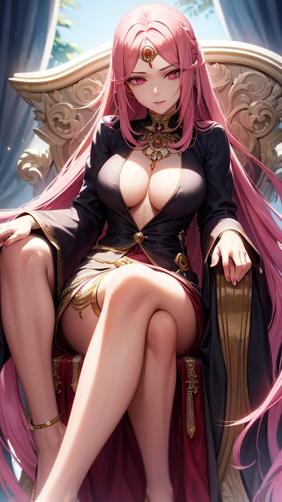 A beautiful mature woman with long pink hair and pink eyes sitting on a throne with a seductive simrk on her lips