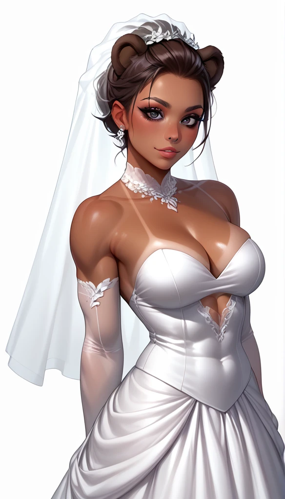 score_9, score_8_up, score_7_up, 1girl, solo,
Short chocolate hair, glowing black eyes, bear ears, curvy body, muscular, tanned skin, (bear:1.2),
monochromatic, eerie atmosphere,
(wedding dress), seductive, stark white background
