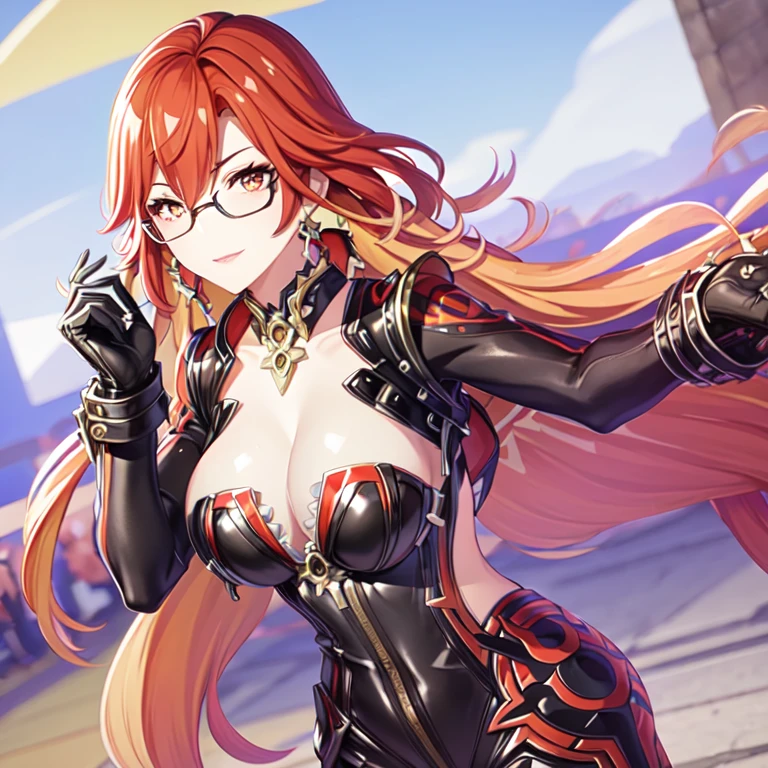 (masterpiece, best quality:1.2), 1girl, KaMavuika,Natlan,private teacher、Big Breasts,wearing a black and red tight outfit with gold embellishments,Pink Glasses,creating a dreamy atmosphere