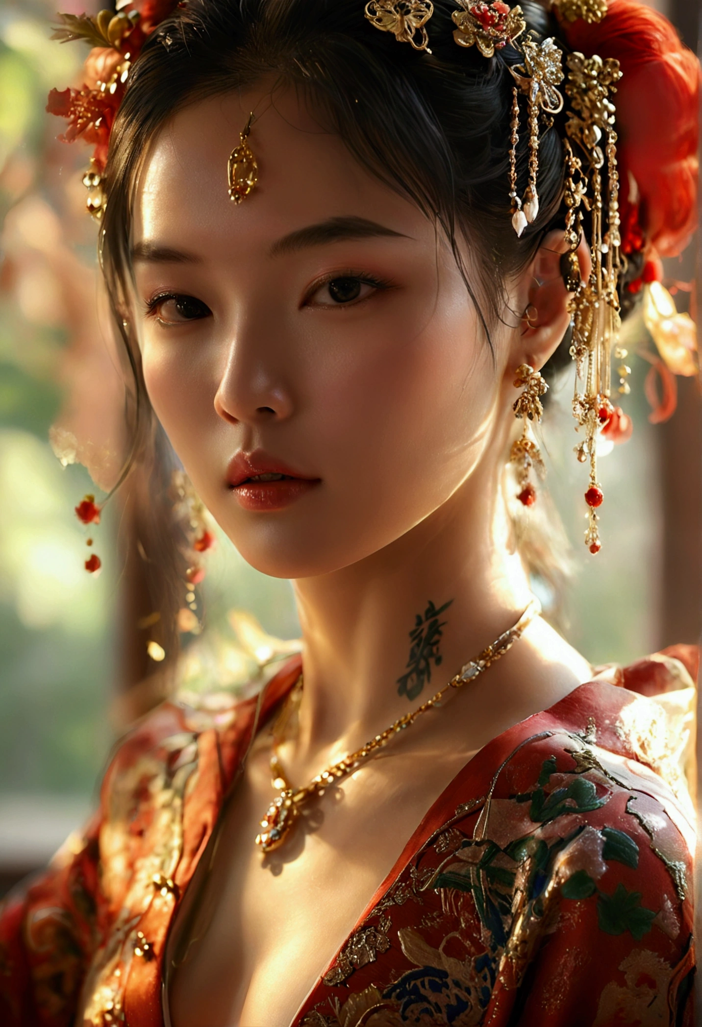 NUDE photorealistic, high resolution, soft light, 1women, solo, hips up, dynamic pose, shining skin, jewelry, tattoo, hanfu