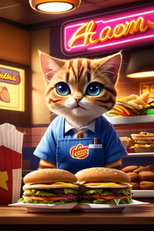 (Highest quality、masterpiece、8K))、Anatomically correct、Very detailed、High resolution、Realistic、((Beautiful, bright, almond-shaped, detailed eyes))、Intricate details、Cinematic lighting、((Dynamic composition))、Party、cute cat、Fast food restaurant clerk、Fast food counter、Red Cap Cap