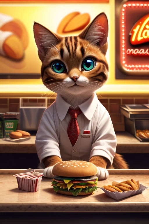 (Highest quality、masterpiece、8K))、Anatomically correct、Very detailed、High resolution、Realistic、((Beautiful, bright, almond-shaped, detailed eyes))、Intricate details、Cinematic lighting、((Dynamic composition))、Party、cute cat、Fast food restaurant clerk、Fast food counter、Red Cap Cap