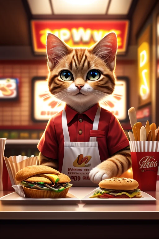 (Highest quality、masterpiece、8K))、Anatomically correct、Very detailed、High resolution、Realistic、((Beautiful, bright, almond-shaped, detailed eyes))、Intricate details、Cinematic lighting、((Dynamic composition))、Party、cute cat、Fast food restaurant clerk、Fast food counter、Red Cap Cap