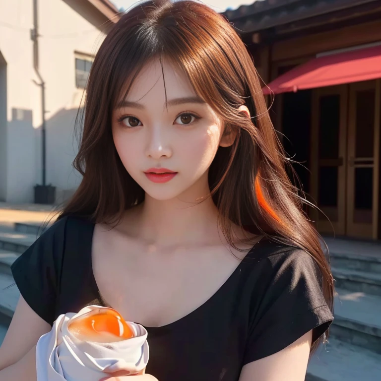 Araffe girl in a yellow shirt holding a coffee cup, Lalisa Manoban, Tzuyu from two times, Korean girl, beautiful south korean women, หญิงKorean girlที่งดงาม, cute korean stars, cute vtuber house, หญิงKorean girlที่สวยงาม, Trending at cgstation, Headshot profile picture, Thai girl anime, Yellow wavy hair theme Haraf woman looking at camera, Southeast Asian women with round faces, looking at viewer, Has very long black hair., My hair is very long.,Big eyes,Double eyelids, black eyes, Chest circumference measures 38 inches., The chest is round and shiny., abdominal muscles, perfect body, Wear a dark round neck t-shirt., Bright colors, expensive silk, outdoor, Warm light, The morning sun shines beautifully., (digital painting, HDR, high contrast), straight face, face focus), (Highest quality:1.4 3 D 8K, 45,000,000,000,pixels,),(Masterpiece:1.3),(sharp focus:1.2),glowing face, (Red cheeks:1.4), ยืนเดินoutdoor, The evening sun shines beautifully and realistically.,
